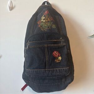 Floral Embroidered Denim  Backpack Vintage